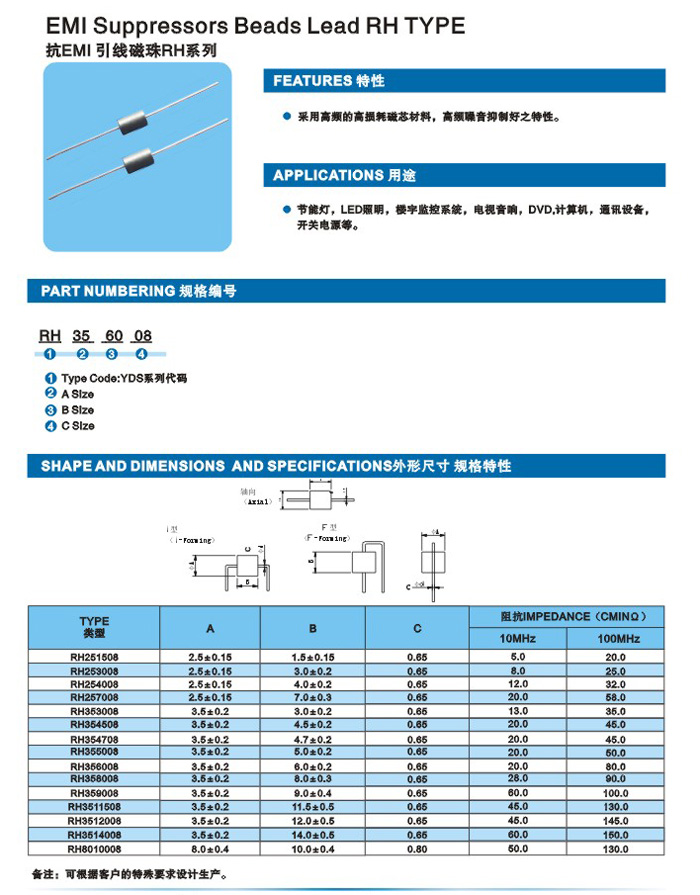 抗EMI引线磁珠RH系列